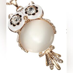 Crystal Rhinestones Accent Gold Tone White Enamel Jelly Belly Opal Owl Necklace